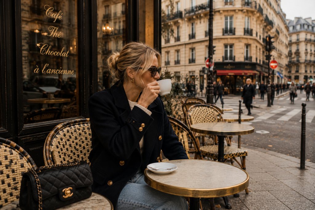 femme qui porte un caban en terrasse