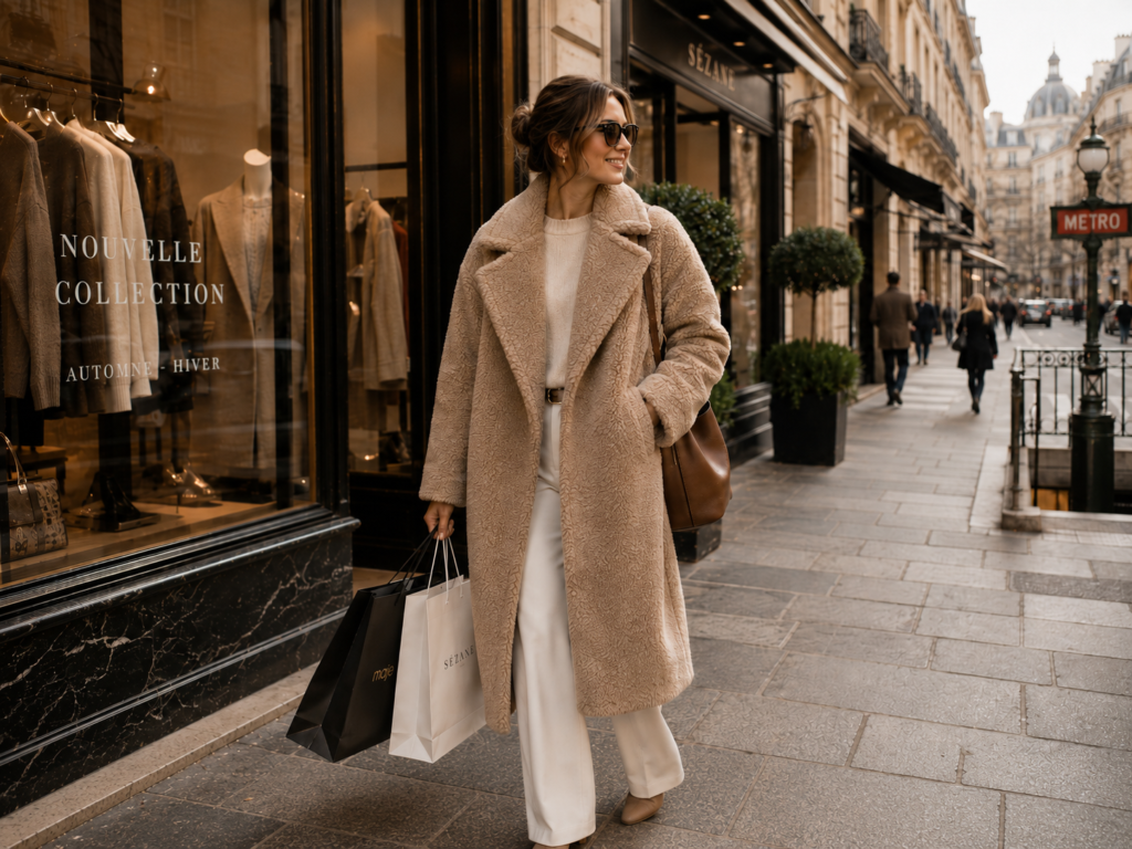 femme qui porte un manteau teddy à fausse fourrure
