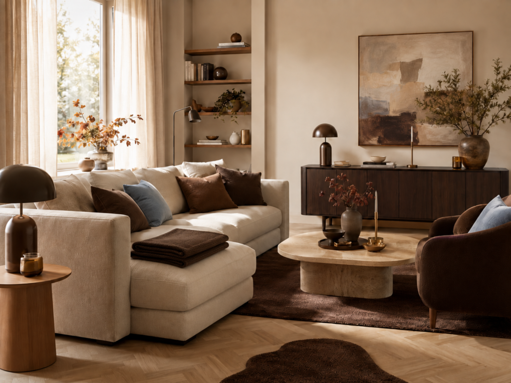 salon d'intérieur avec une décoration style brun chocolat