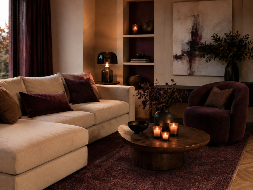 salon d'intérieur décorée style aubergine cassis
