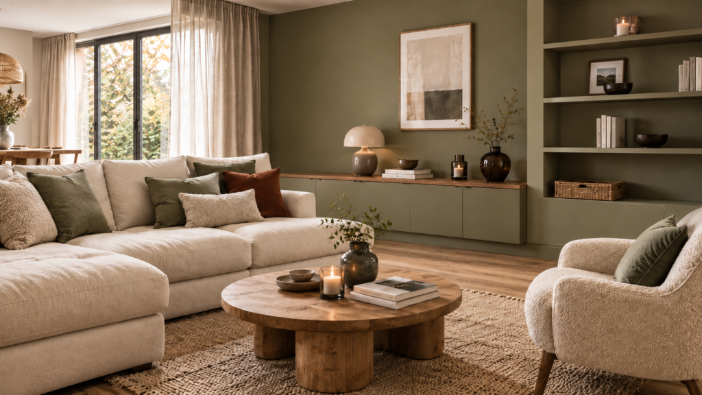 salon décoré avec un style vert sauge