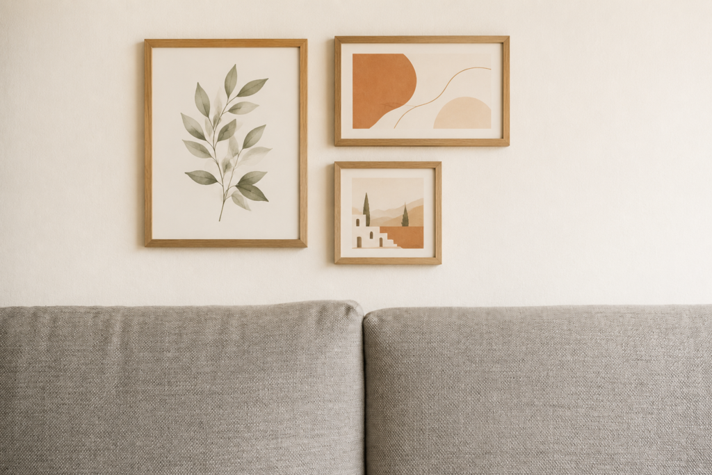 Composition murale simple composée de trois illustrations encadrées en bois camel au-dessus d’un canapé greige.