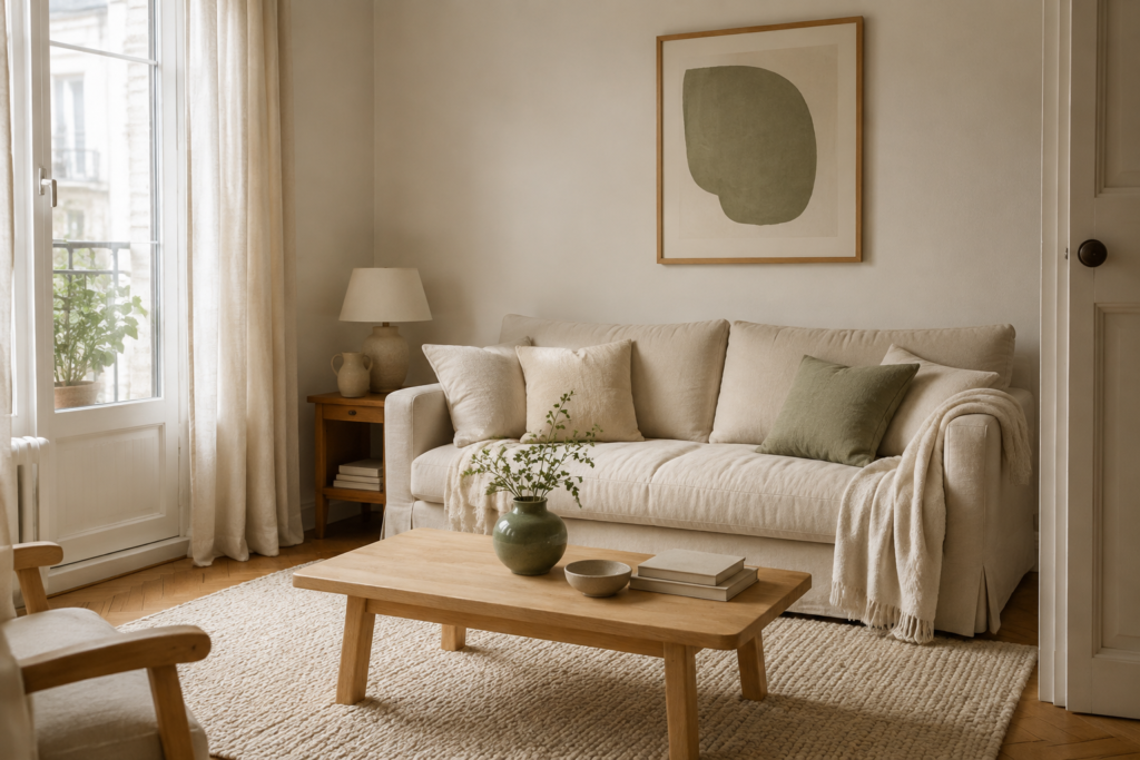 Petit salon cosy décoré avec une palette de trois couleurs : écru, bois clair et vert sauge.