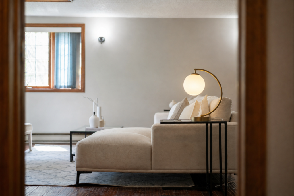Salon neutre avec une lampe sculpturale en laiton et verre opalin utilisée comme unique point focal.